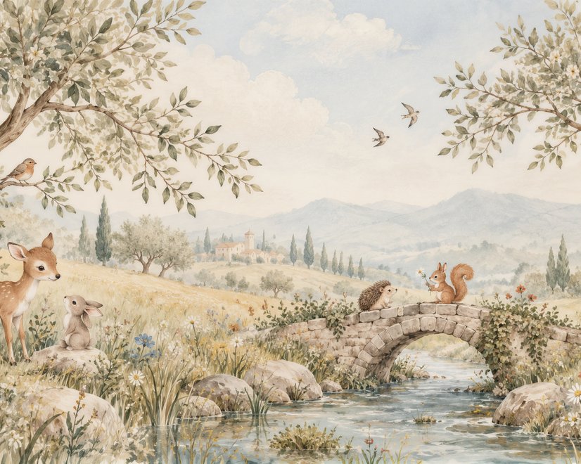 Watercolour woodland wall mural with fawn, rabbits, stone bridge, stream and distant cypress countryside