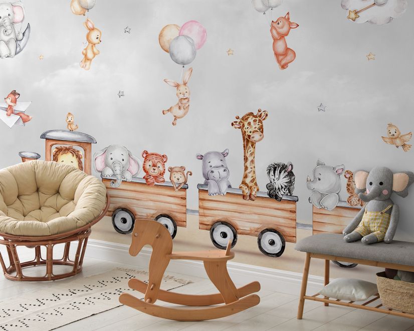 Cute Kids Animals on Train Wallpaper Mural