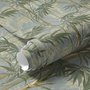 Bamboo oil painting wallpaper with olive leaves and ochre canes on a soft blue-grey ground
