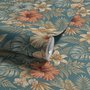 Blue tropical wallpaper with hibiscus, orchids, lilies, monstera leaves and palm fronds on a deep teal-blue ground