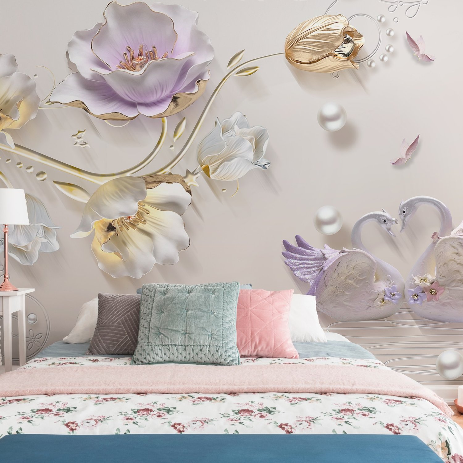 3D Embossed Look Tulip Floral with Swan Wallpaper Mural - Peel and Stick