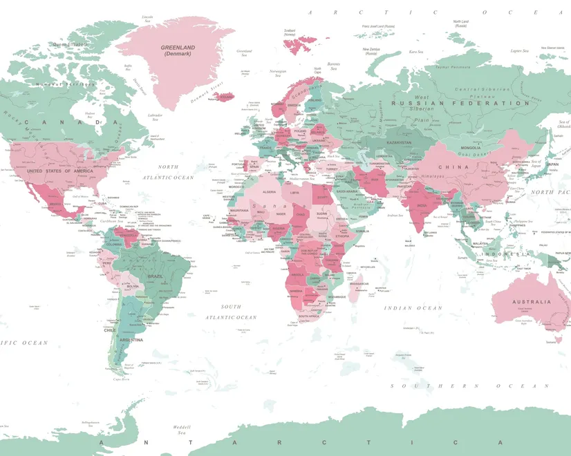 Pink and Green Political World Map Wallpaper Mural