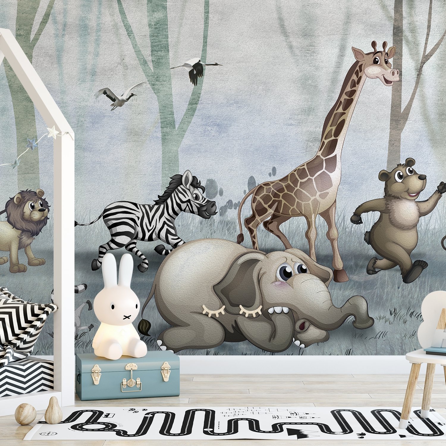 Cartoon Wild Animals and Forest Wallpaper Mural - Peel and Stick