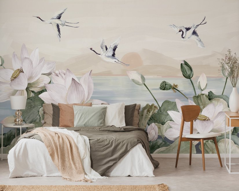 Papier peint lotus blanc oiseaux grue