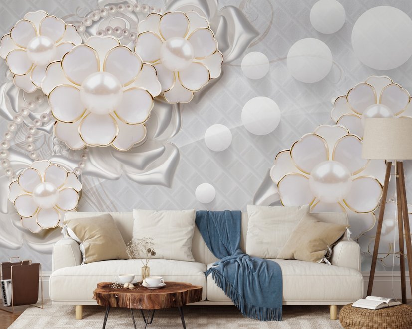 Papier peint panoramique fleurs blanches perlées effet 3D