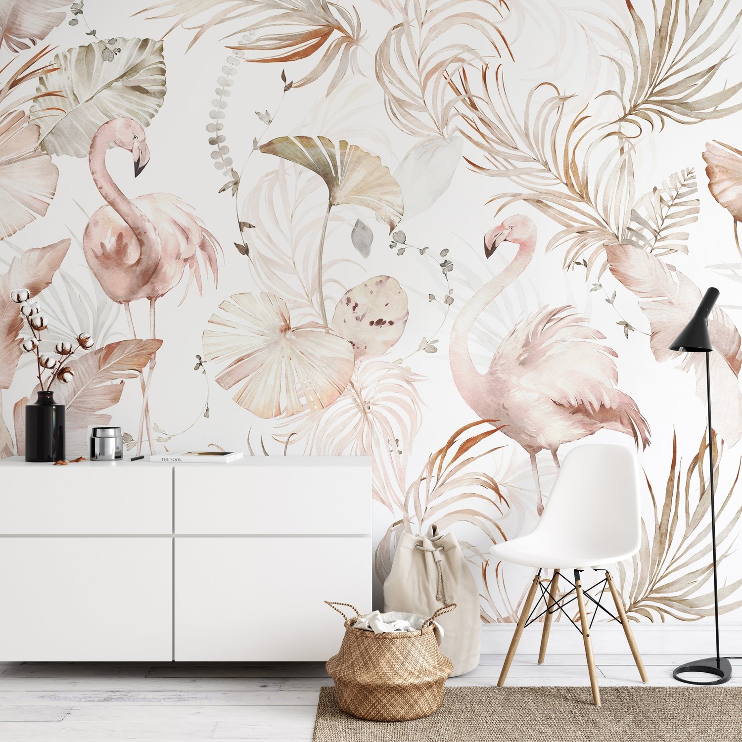 Soft Flamingo Art with Boho Tropical Leaf Wallpaper Mural - Peel and Stick