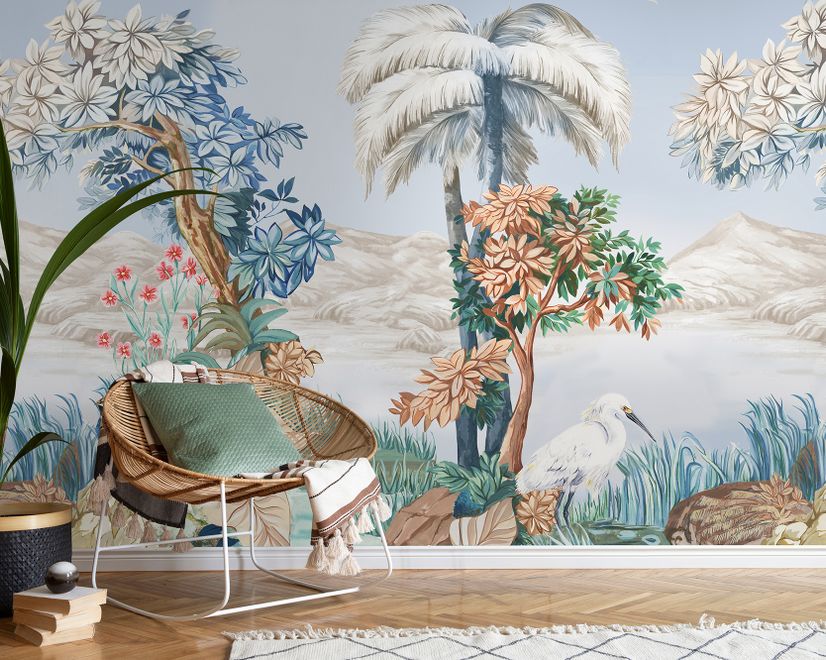 Art Painting Colorful Landscape with Heron Birds Wallpaper Mural