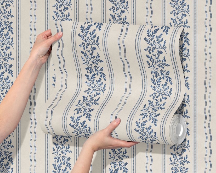 Blue wallpaper with indigo botanical stripework, pinstripes and dotted borders on warm cream parchment