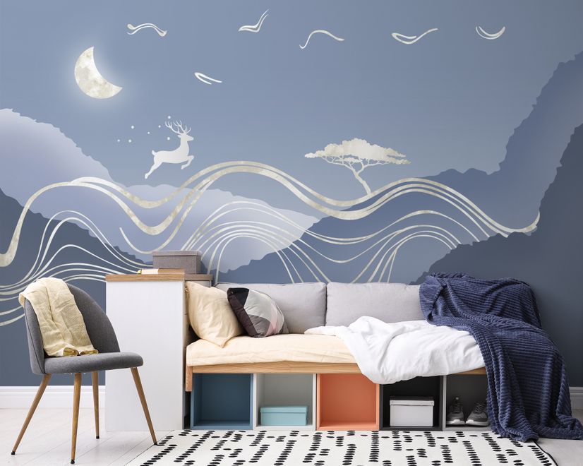 Watercolor Abstract Lines and Horned Deer Wallpaper Mural