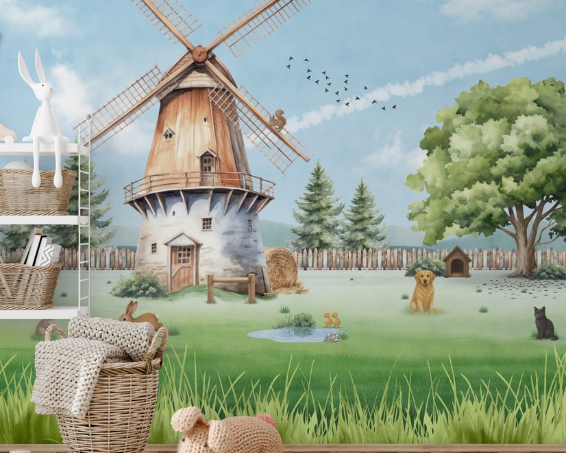 Cute Kids Windmill Farm Animals Wallpaper Mural