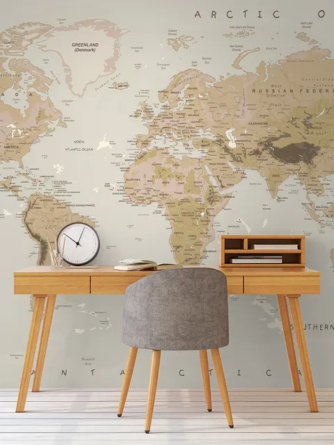 Papier peint panoramique de la carte du monde politique en marron doux