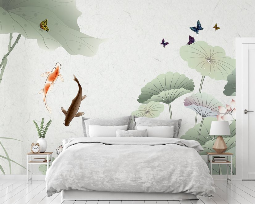 Aquarell Lotusblume und Schmetterlinge Fototapete