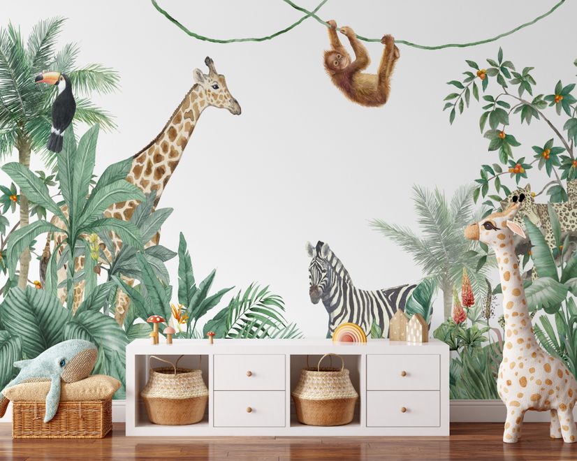 Cute Safari Animals with Jungle Kids Wallpaper Mural