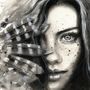 Monochrome Portrait Girl with Black Feathers Wallpaper Mural