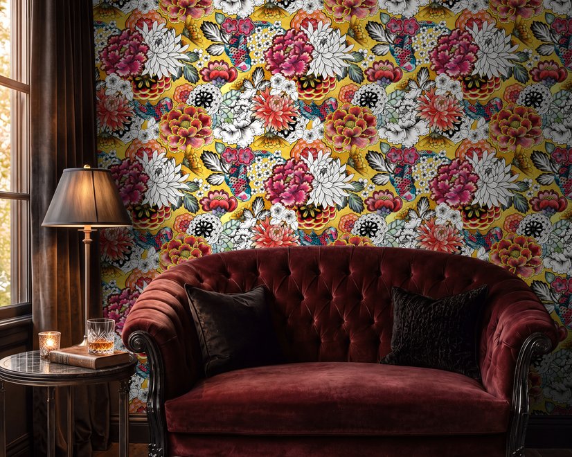 Floral and fish wallpaper with coral blooms, teal fish and black white flowers on metallic mustard-gold ground