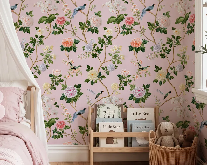 Cute pink wallpaper with birds, tan branches, green leaves and ivory, coral and lilac flowers.