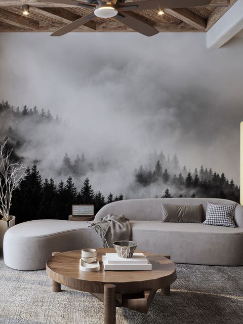 Fototapete Nebliger Dunkler Wald Landschaft