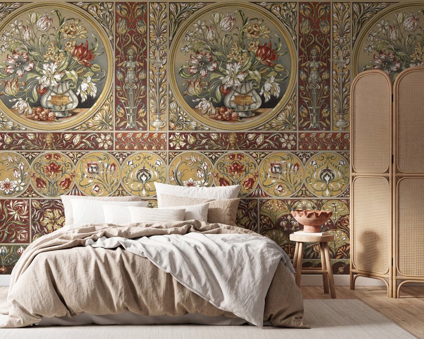 Antique style wallpaper mural with tulip vase medallion, floral tile panels and burgundy borders