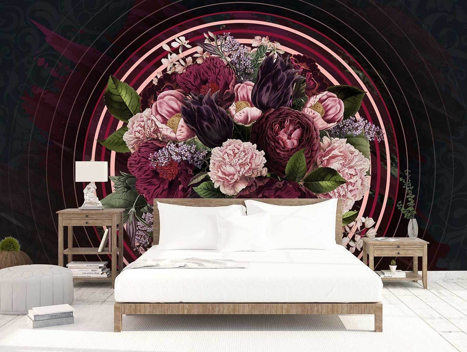 Circle Dark Floral Wallpaper Mural - Peel and Stick