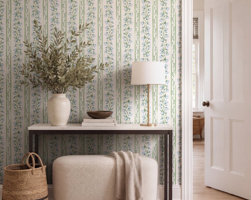 Blue floral stripe wallpaper with pale sky-blue bell flowers, green vines and sage bands on white