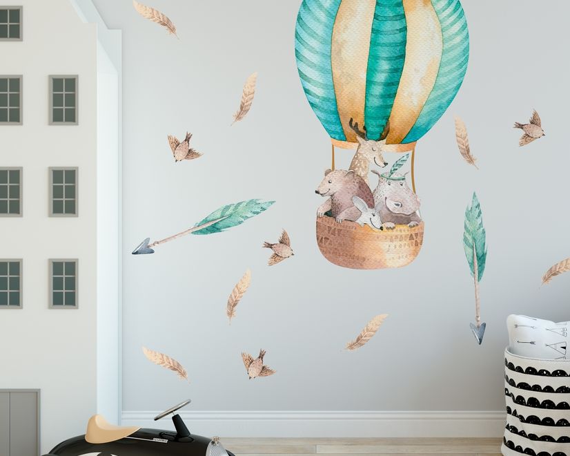 Kids Watercolor Hot Air Balloon with Animals and Colorful Feathers Wall Decal Sticker