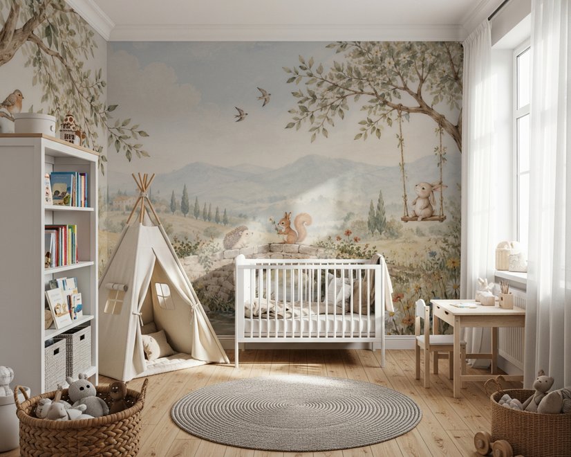 Watercolour woodland wall mural with fawn, rabbits, stone bridge, stream and distant cypress countryside