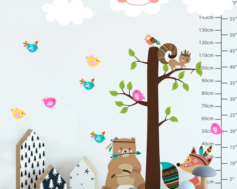 Kids Cute Fox and Bear and Cartoon Tree with Little Birds Wall Decal Sticker