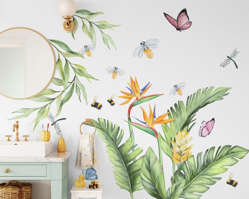Cute Tropical Leaves and Flowers Wall Decal Sticker
