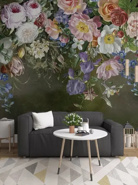 Vintage Colorful Vine Flowers Wallpaper Mural