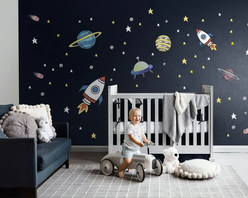 Colorful Space with Little Falling Stars and Planets Wall Decal Sticker