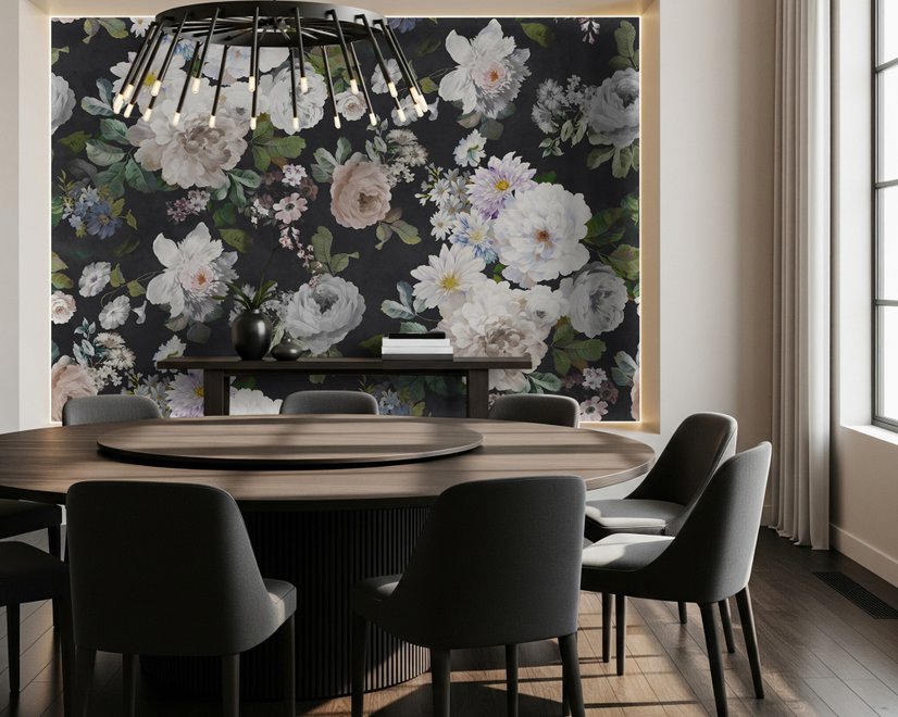 Dunkle Blumen und Weiße Pfingstrosen Fototapete