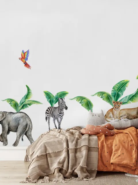 Kinder Aquarell Safari Tiere mit Bananenblättern Wandtattoo