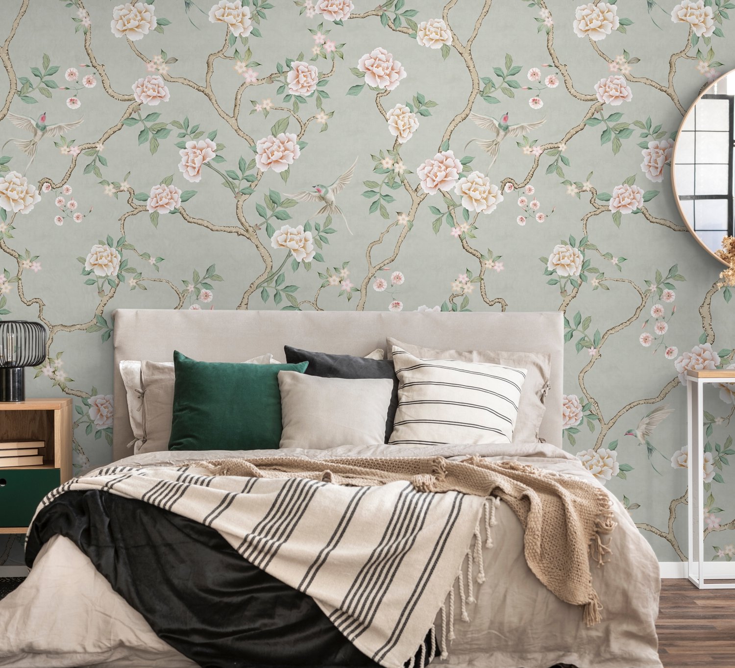 Soft Chinoiserie Peony Tree Blossom Art Wallpaper Mural - Peel and Stick