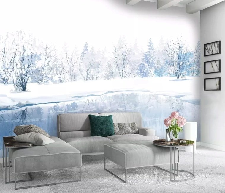 Watercolor Winter Landscape and Lake Wallpaper Mural - Peel and Stick