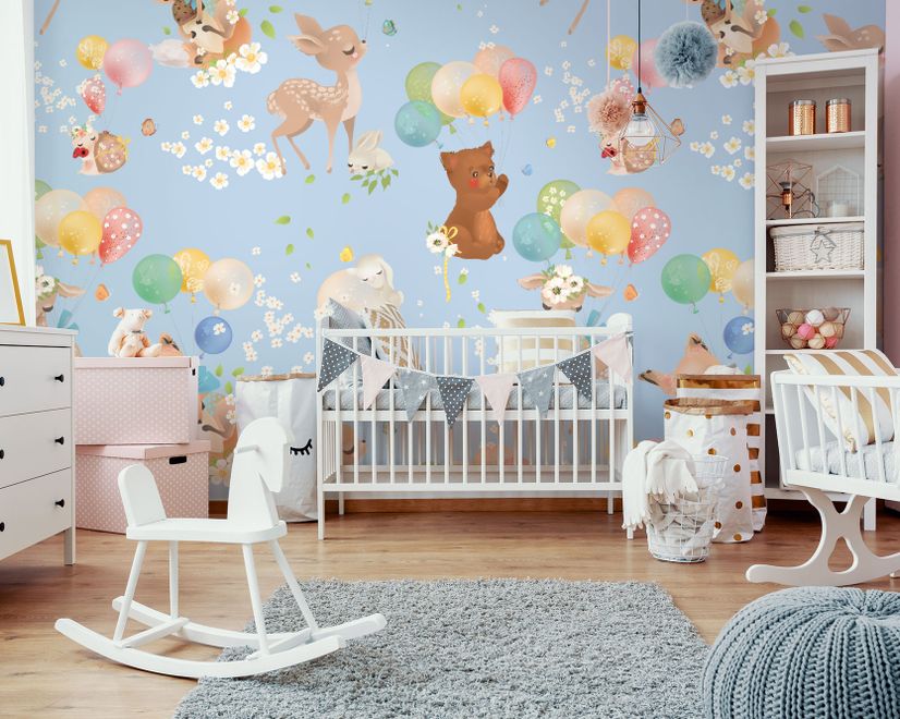 Cute Animals Flying with Hot Air Balloons Kids Wallpaper Mural