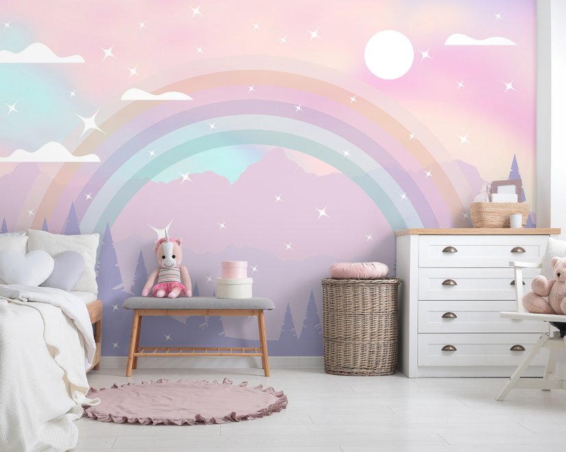 Papier peint panoramique de la chambre d'enfant avec des montagnes colorées et des étoiles brillantes
