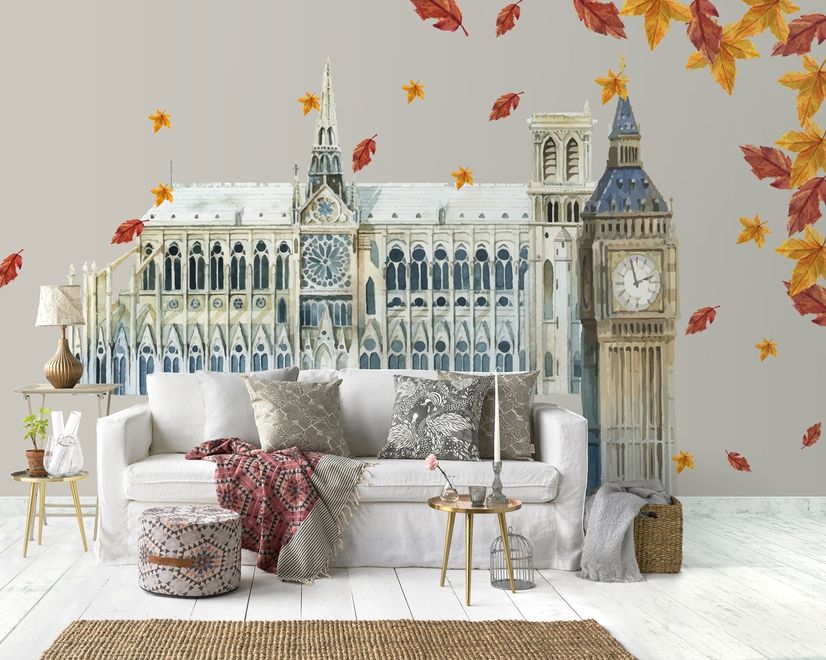 London Big Ben and Westminster with Autumn Leaves Wall Decal Sticker
