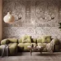 Antique wallpaper mural with Art Nouveau floral tile panels, sepia borders and blush botanical medallions