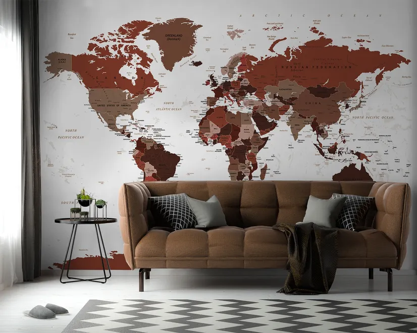 White and Brown Political World Map Wallpaper Mural