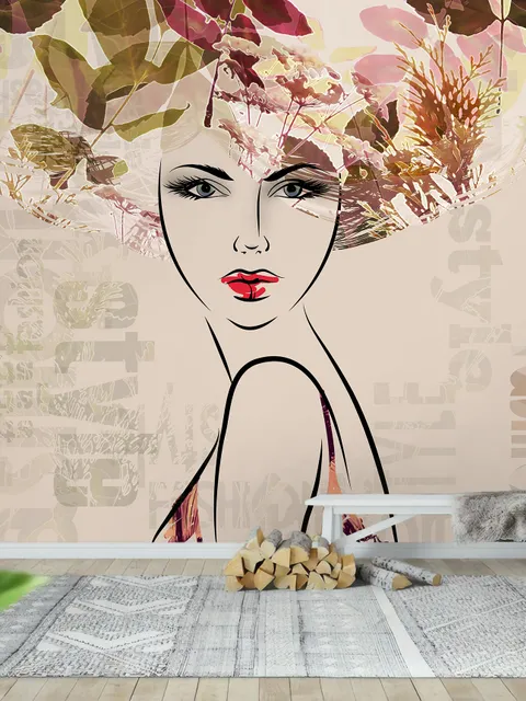 Papier peint panoramique avec feuilles d'hiver pour le visage d'une femme