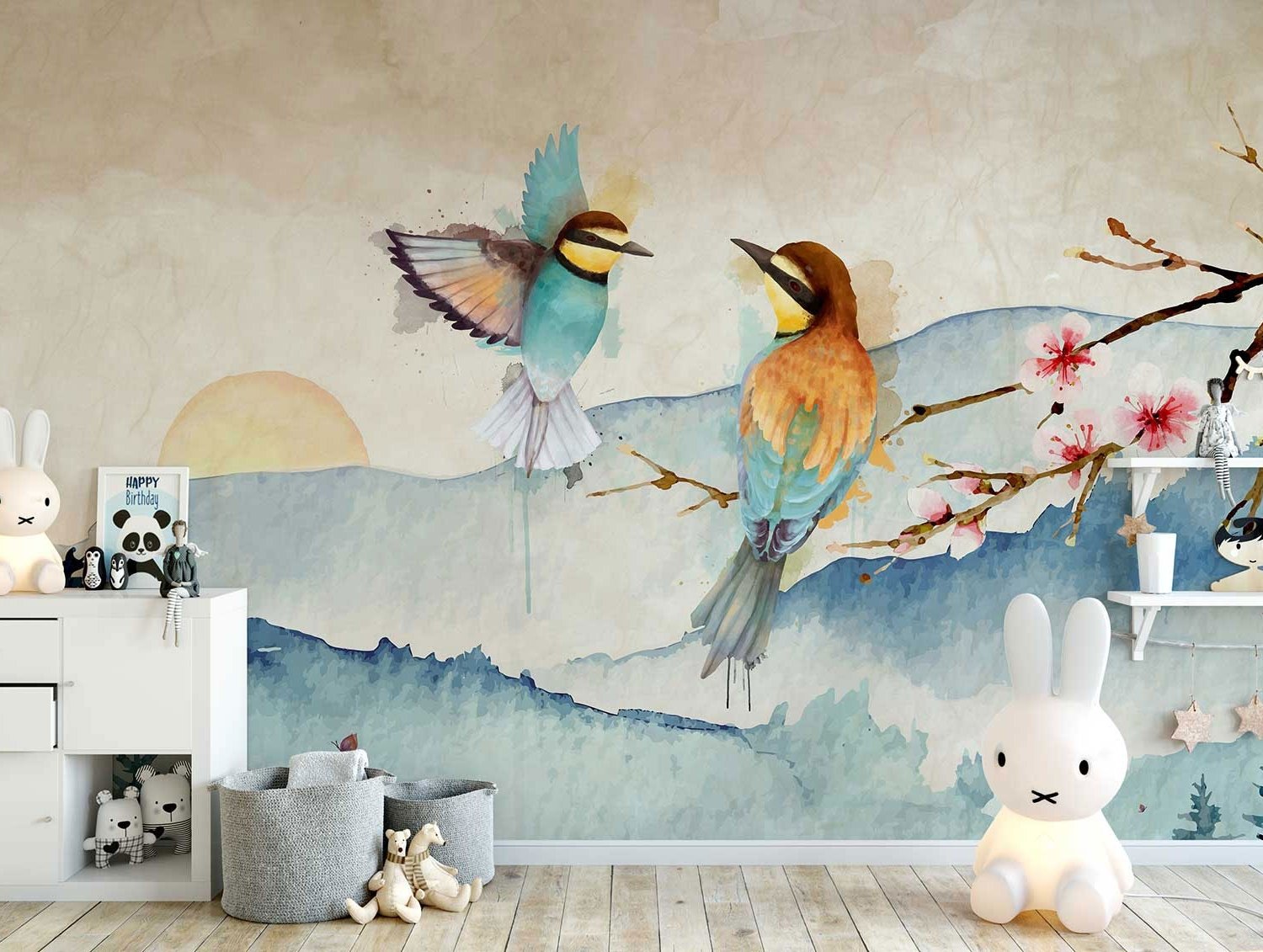 Watercolor Winter Landscape and Colorful Bird Wallpaper Mural - Peel and Stick