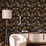 Japanese art wallpaper pattern with koi fish, gold peonies, mauve flowers and grey clouds on black