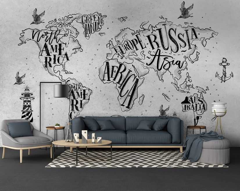 Vintage Charcoal World Map Wallpaper Mural