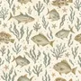 Watercolour fish wallpaper with sage seaweed, coral and starfish on a warm cream background