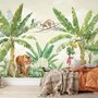 Papier peint panoramique pour enfants - Safari, animaux de la forêt tropicale, aquarelle