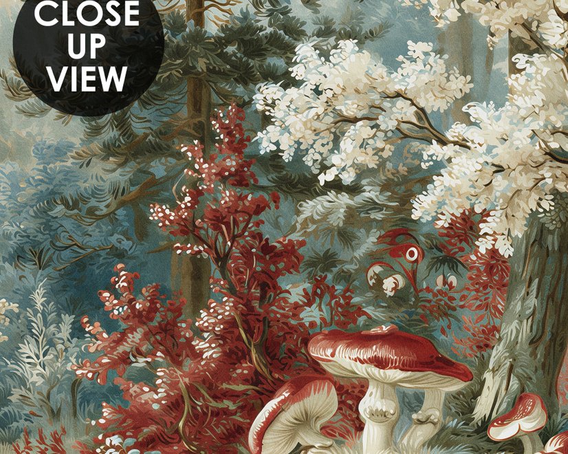 Vintage forest wallpaper mural with blue-grey trees, ivory blossom, red plants and toadstools around a misty path