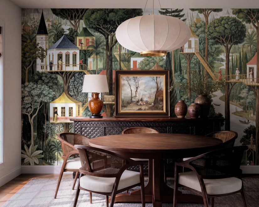 Architectural design wallpaper mural of forest treehouses, rivers, boats and small figures in green watercolour