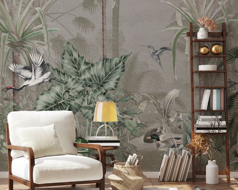 Retro Soft Forest with Stork Wallpaper Mural