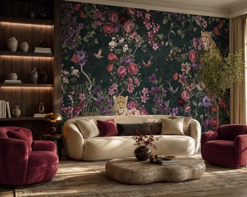 Dark Leopard Floral Garden Botanical Wallpaper Mural
