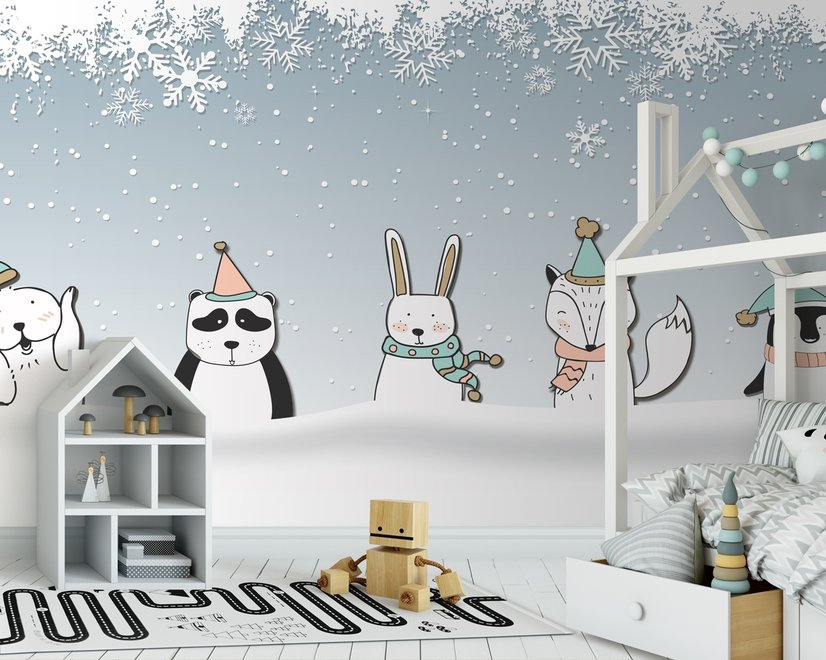 Cartoon-Fuchs und Panda Wintertiere Fototapete